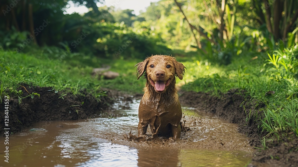Happy Muddy Dog Playing in Nature Summer Fun Adorable Golden Retriever Puppy in a Puddle Brown Fur Outdoor Forest Green Lush Scenery pet wet day cute 