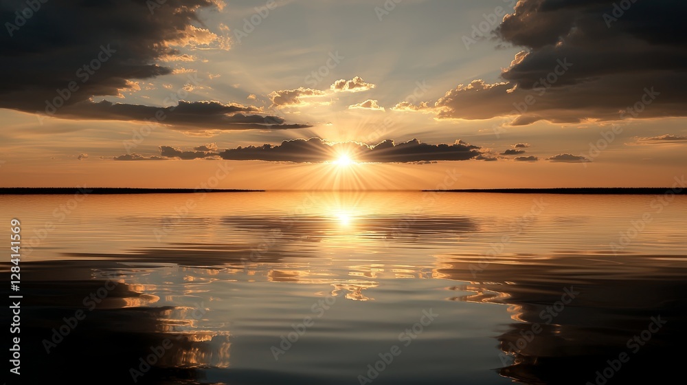 Obraz premium Golden cosmic sunset over a peaceful lake surface solar reflections serene environment breathtaking view