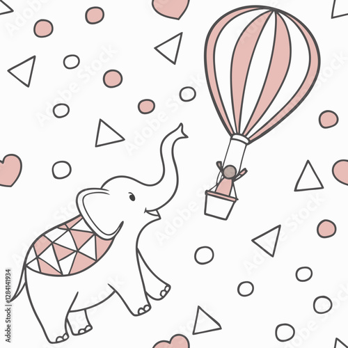 Elephant and Hot Air Balloon: A delightful illustration of a friendly elephant reaching towards a pink hot air balloon, creating a scene of wonder and adventure.