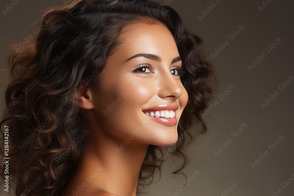 Naklejka premium Close-up portrait of smiling brunette girl with curly hair. Ideal for beauty salon