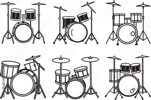 set of drum kit line art, black outline, vector and illustration, line art and outline