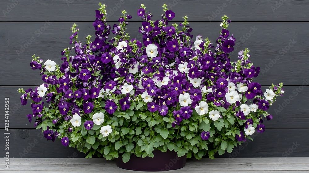Fototapeta premium Vibrant Purple and White Petunia Container Garden in Summer Sunlight AI Generated