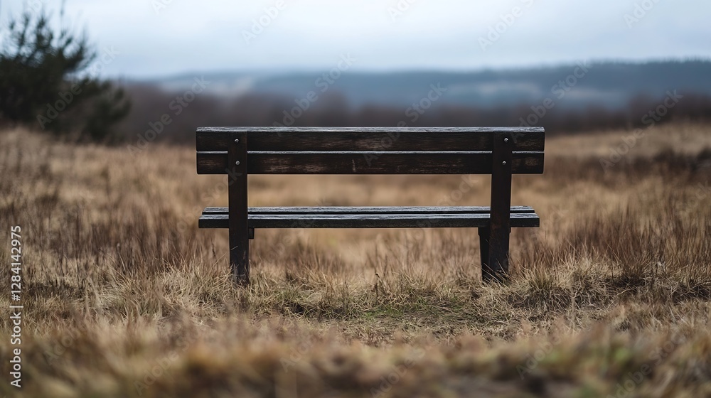 A lonely wooden bench in a vast field under an overcast sky creating a serene nature setting : Generative AI A lonely wooden bench in a vast field under an overcast sky creating a serene nature setting : Generative AI