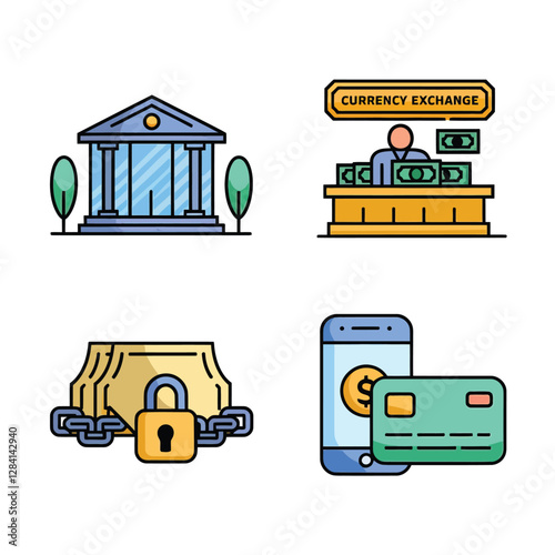 vector colorful economy trading graph cash money linked with curved dash line over the world bank 
