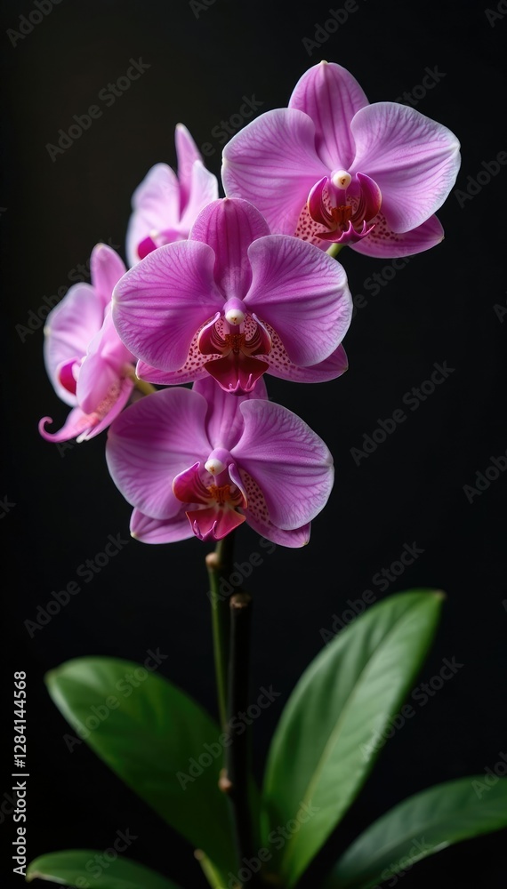 Obraz premium Delicate Phalaenopsis orchid branch exposed on dark wood, darkwood, foliage, plant