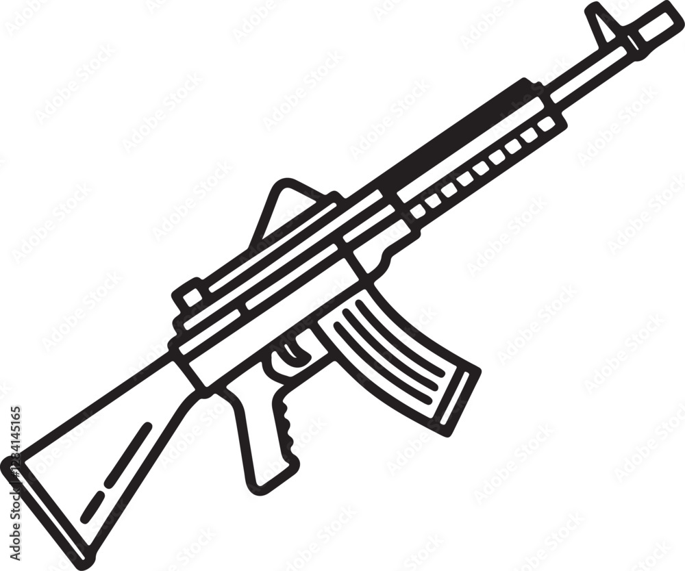 Assault Rifle line art, black outline, vector and illustration, line art and outline Assault Rifle line art, black outline, vector and illustration, line art and outline