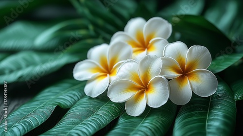 Beautiful frangipani flowers on lush green leaves close-up photography nature serene environment