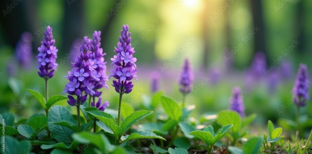 Dense lilac wild lavender blooms on a misty forest floor, nature, green, wild lavender Dense lilac wild lavender blooms on a misty forest floor, nature, green, wild lavender