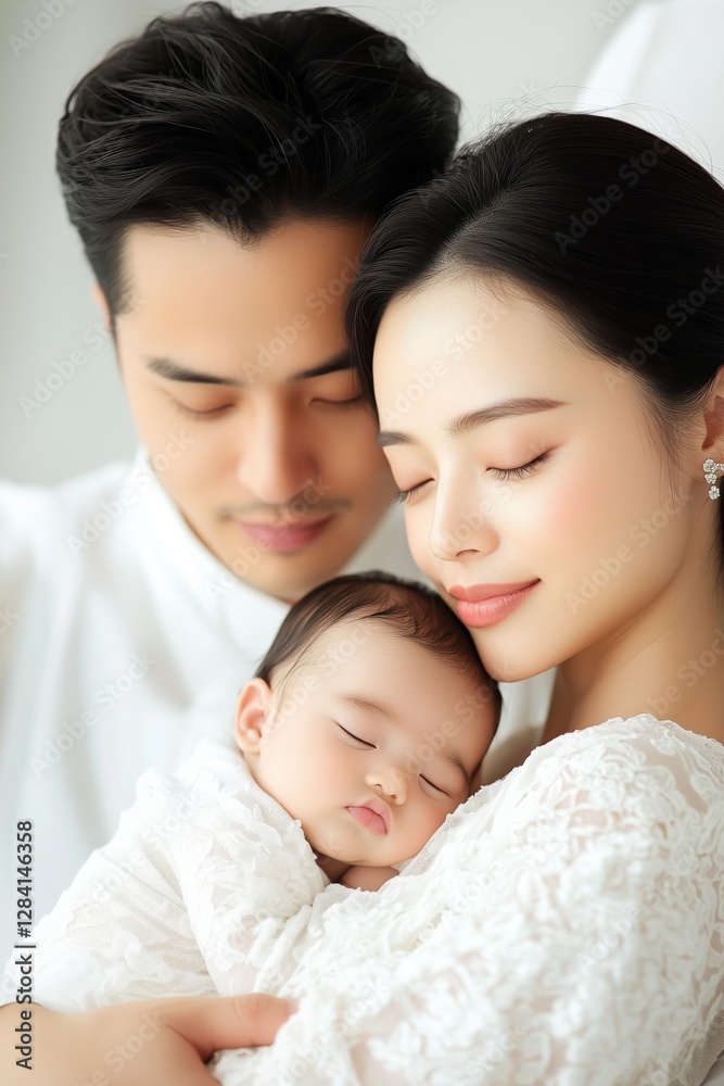 Asian parents hold sleeping baby, parents embrace child with care, serene expressions radiate warmth, soft glow enhances peace, intimate moment captures family unity, peaceful symbol. Asian parents hold sleeping baby, parents embrace child with care, serene expressions radiate warmth, soft glow enhances peace, intimate moment captures family unity, peaceful symbol.
