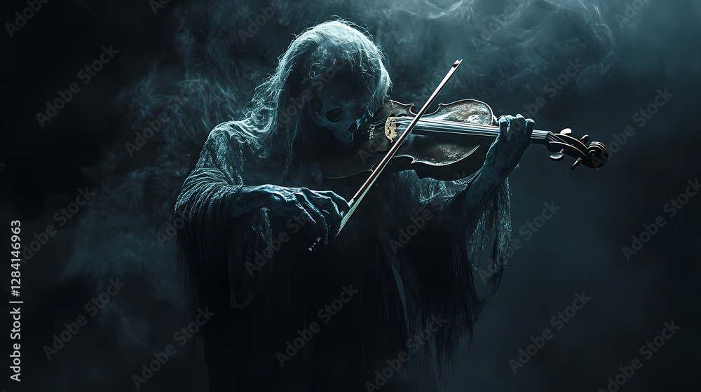 A ghostly musician with a cracked violin. Haunted Violinist in the Shadows. Illustration A ghostly musician with a cracked violin. Haunted Violinist in the Shadows. Illustration