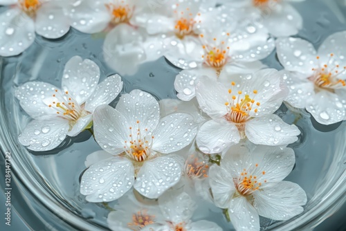 White Flowers with Water Droplets in Glass Bowl