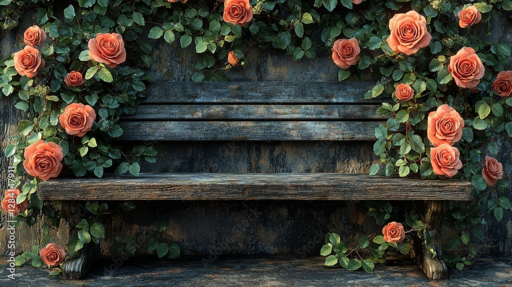 Fototapeta premium Relaxing moment on a floral bench surrounded by roses in a tranquil garden setting
