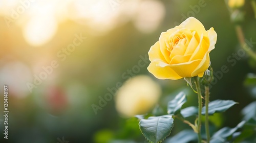 Beautiful closeup of a blooming yellow rose illuminated by soft sunlight in a tranquil garden : Generative AI