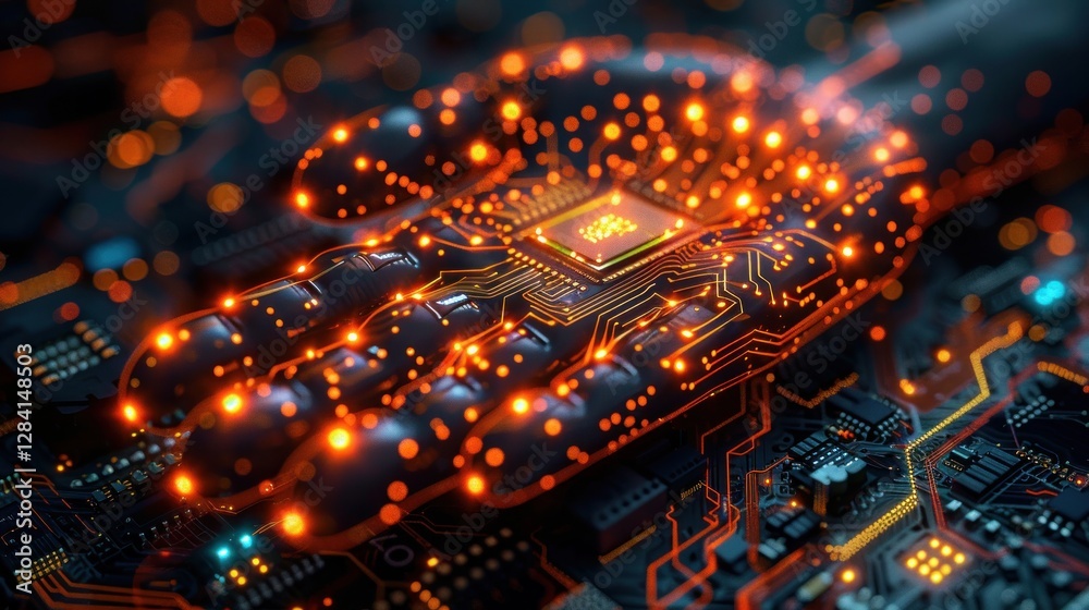 Obraz premium A hand-shaped circuit board with glowing microchip.