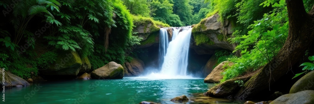 Emerald waters of Juan Diego Falls cascading down rocky terrain in El Yunque National Forest, forest, tropical, natural Emerald waters of Juan Diego Falls cascading down rocky terrain in El Yunque National Forest, forest, tropical, natural