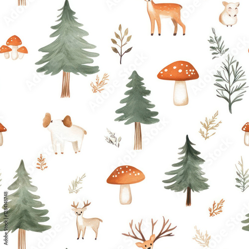 Woodland animals & trees pattern; nature background for textile design