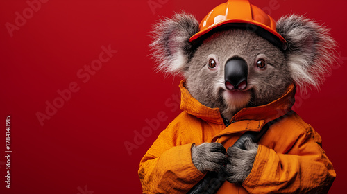 Koala wearing orange safety jacket and hard hat against red background, creative portrait of Australian wildlife protection concept