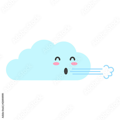 Cute cartoon cloud blowing wind ideal for childrens illustrations, weatherrelated designs, and whimsical branding materials. Whimsical, adorable, versatile element.