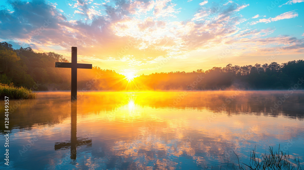 serene sunrise over calm lake with silhouette of cross reflecting in water serene sunrise over calm lake with silhouette of cross reflecting in water