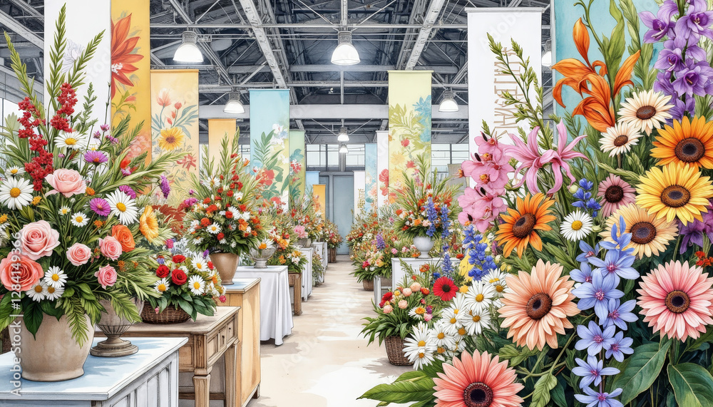 Fototapeta premium Vibrant floral arrangements showcased at exhibition hall, artistic celebration