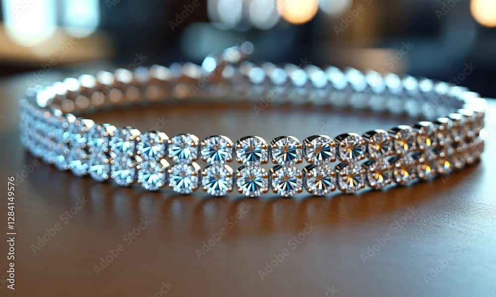 Elegant diamond bracelet displayed on a wooden surface with a blurred, luxurious background
