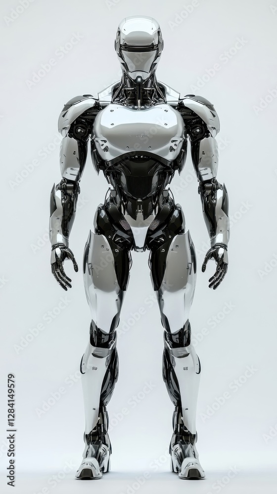 Powerful Chrome Robot Stands in a White Studio Powerful Chrome Robot Stands in a White Studio