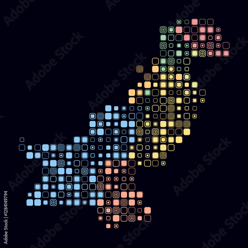 Pakistan, shape of the country build of colored cells. Digital style map of the Pakistan on dark background. Large size rounded square blocks. Trending vector illustration.