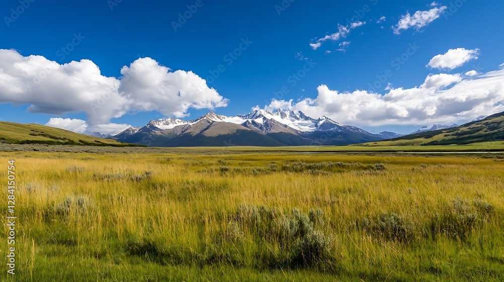 Expansive landscape with golden grass and majestic snowcapped mountains under blue sky : Generative AI Expansive landscape with golden grass and majestic snowcapped mountains under blue sky : Generative AI