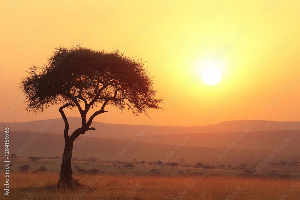 Single tree stands boldly in an open field with a stunning sunset backdrop illuminating the horizon