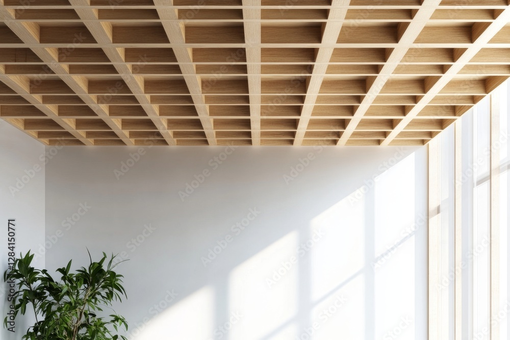 Obraz premium Modern wood ceiling, bright room, sunlight, minimalist design, interior