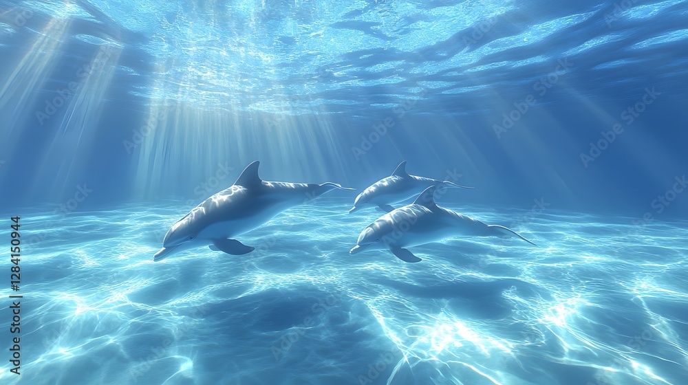 Fototapeta premium Three dolphins swimming gracefully in a sunlit underwater scene.