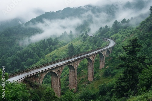 Scenic bridge winding through misty green mountains in tranquil landscape during overcast weather