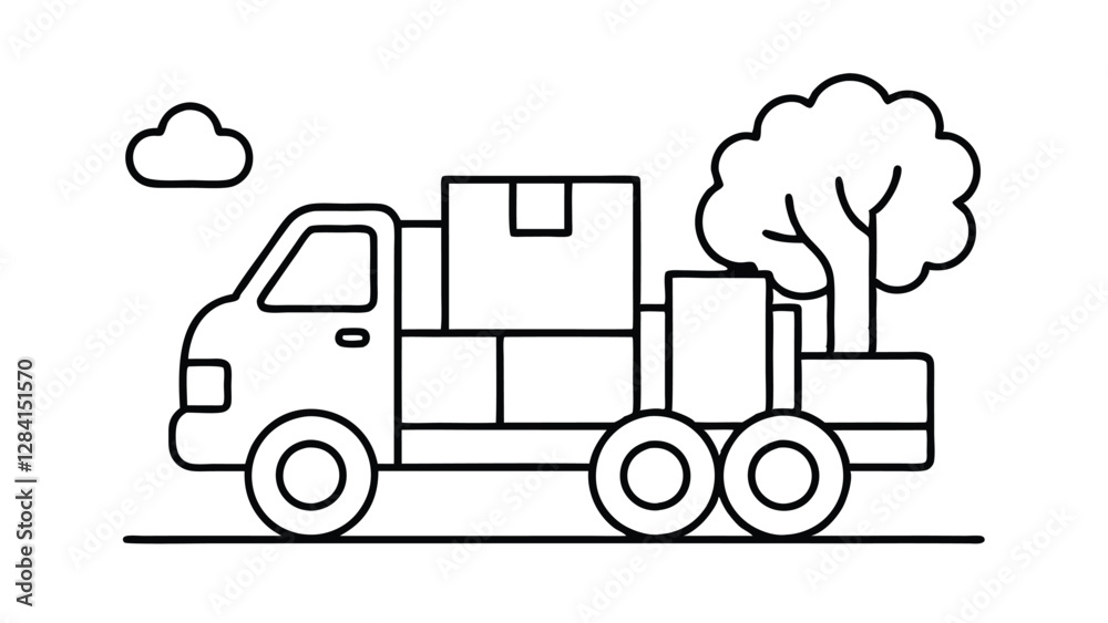 Fototapeta premium Simple Line Drawing of a Truck Carrying Goods and a Tree Adobe Illustrator Artwork