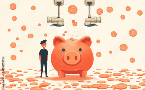Multiple Streams of Income Concept: Diversified Passive Revenue from Investments, Side Hustles, and Cash Flow, Wealthy Businessman Filling Piggy Bank with Various Income Sources for Financial Growth