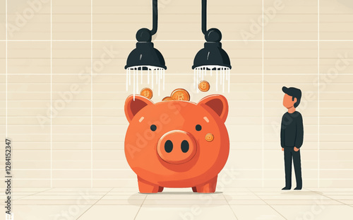 Multiple Streams of Income Concept: Diversified Passive Revenue from Investments, Side Hustles, and Cash Flow, Wealthy Businessman Filling Piggy Bank with Various Income Sources for Financial Growth