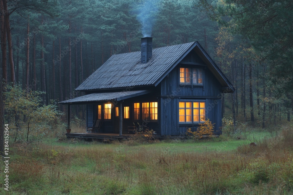 Cozy blue cabin in the woods with warm lights glowing during twilight Cozy blue cabin in the woods with warm lights glowing during twilight