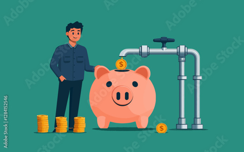 Multiple Streams of Income Concept: Diversified Passive Revenue from Investments, Side Hustles, and Cash Flow, Wealthy Businessman Filling Piggy Bank with Various Income Sources for Financial Growth
