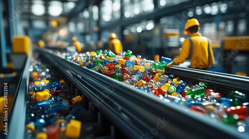 Wallpaper Mural Workers sorting plastic bottles on a conveyor belt in a recycling facility. Torontodigital.ca