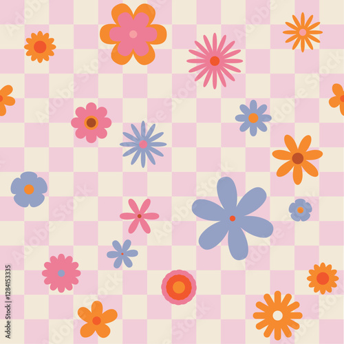 Seamless retro groovy checkered pattern with floral elements. Simple 1970s-style flowers in a doodle vector design. Perfect for fabric, wrapping paper, wallpaper, and fashion prints.	