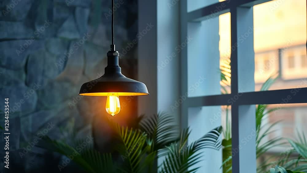 Close-up of industrial-style hanging light fixture with warm glow, set against a dimly lit interior.	