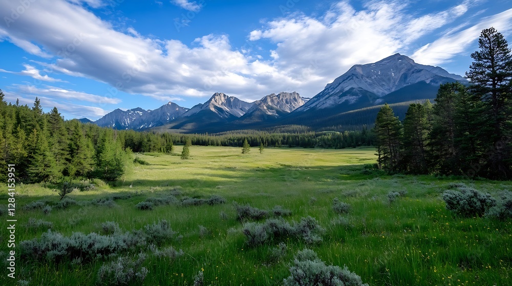 Breathtaking view of a lush green meadow surrounded by majestic mountains under a dramatic sky : Generative AI Breathtaking view of a lush green meadow surrounded by majestic mountains under a dramatic sky : Generative AI