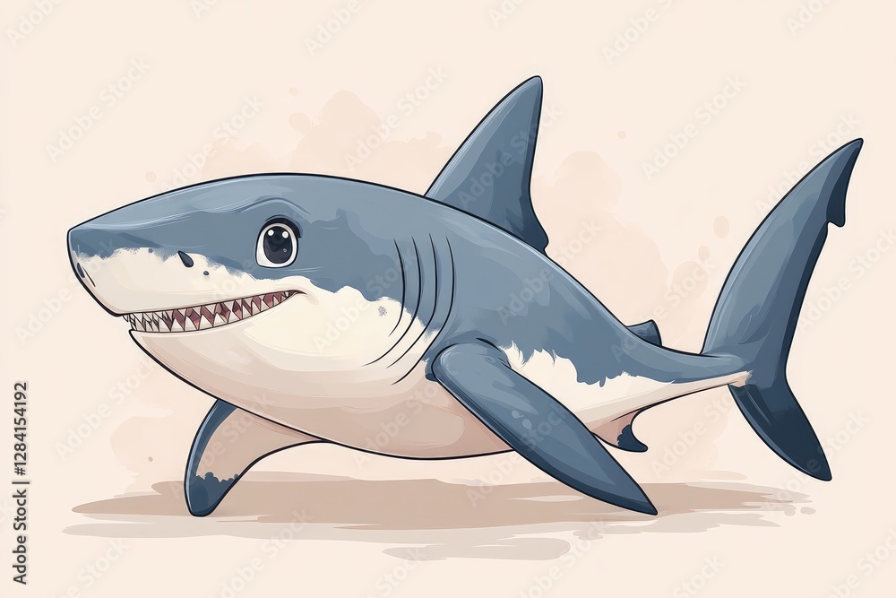 Fototapeta premium A happy cartoon shark swims with its fins clearly visible