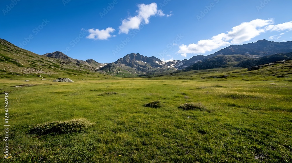 Fototapeta premium Vast green meadow surrounded by majestic mountains under a bright blue sky with fluffy clouds creating a serene atmosphere : Generative AI