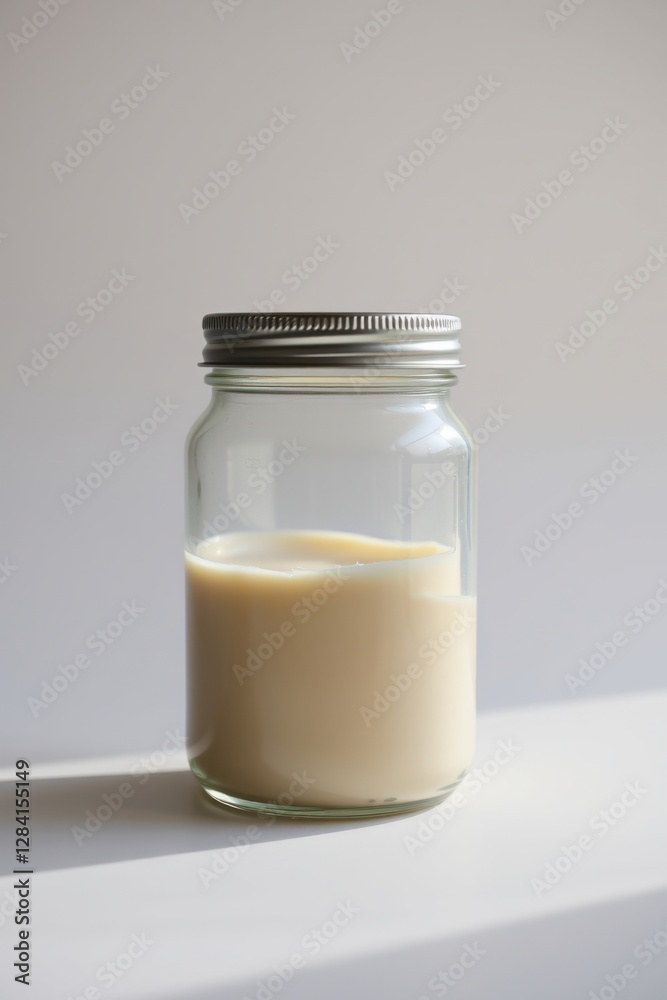 Glass jar filled with a creamy liquid against a plain backdrop, showcasing simple food preservation. Glass jar filled with a creamy liquid against a plain backdrop, showcasing simple food preservation.