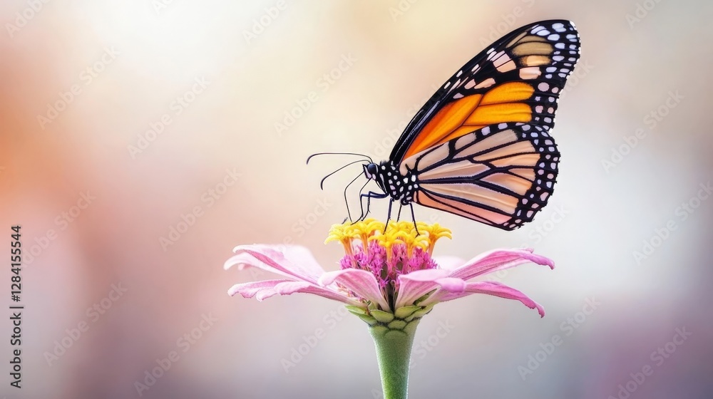 Fototapeta premium A butterfly is sitting on a pink flower. The butterfly is orange and black. The flower is pink and has a green stem. The image has a peaceful and calming mood