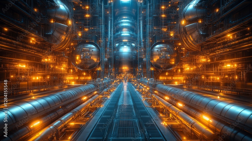 Futuristic industrial corridor with glowing pipes and metallic structures.