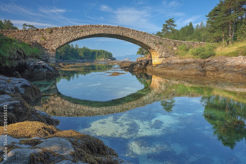 Ancient stone bridge spans serene waters near lush forested coastline during clear summer day Ancient stone bridge spans serene waters near lush forested coastline during clear summer day