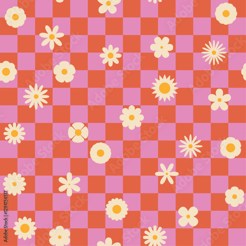 Seamless retro groovy checkered pattern with floral elements. Simple 1970s-style flowers in a doodle vector design. Perfect for fabric, wrapping paper, wallpaper, and fashion prints.	