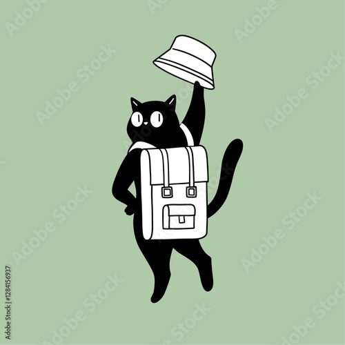 Cat in Bucket Hat with Backpack