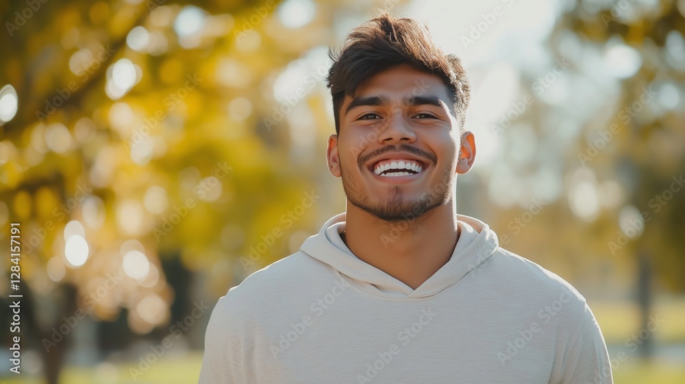 A successful hispanic man stands in a vibrant park, beaming with a bright smile. The warm sunlight creates a joyful atmosphere, showcasing his charisma and positivity amidst nature